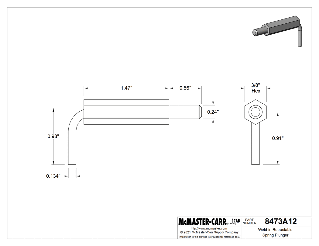 Technical Drawing of L-Handle Weld-on Retractable Spring Plunger, with 0.24" Diameter Steel Nose.